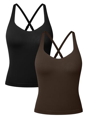 OQQ V Neck Cross Back Sports Bra for Women Padded Adjustable Straps Medium Impact Gym Workout Tank Top 2 Pack Black Darkbrown