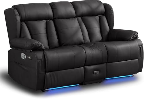 Image of Loveseat Recliner Sofa, RV Recliner Couch, Manual Reclining Loveseat with Console for Living Room, Home Theater Seating with AC /USB C /USB LED Light Drawer (Black,Loveseat with Console)