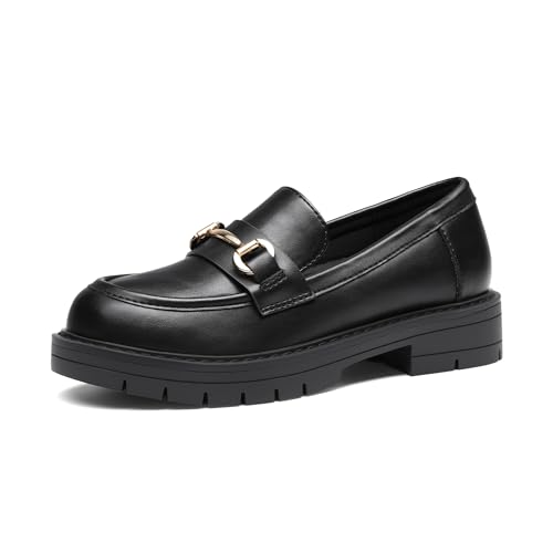 DREAM PAIRS Girls Loafers Chunky Platform Slip On Loafers School Uniform Dress Shoes 2 Little Kid Black-pu