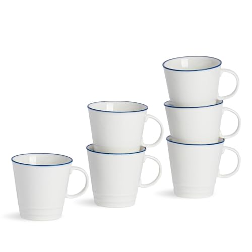 Nicola Spring Farmhouse 90ml Espresso Cups - Set of 6 White & Blue Porcelain Rustic Country Cottage Coffee Cups with Rolled Rims & Comfort Handles