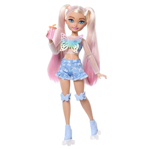 Barbie Dream Besties Barbie « Malibu » Poupée articulée aux cheveux blonds pratiquant le roller, avec 9 accessoires sur le thème du maquillage, JFX96