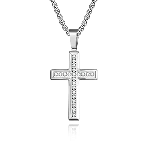Classic Cross Pendant Necklace with Artificial Diamonds Set in,Stainless Steel Diamond Cross Pendant Necklace
