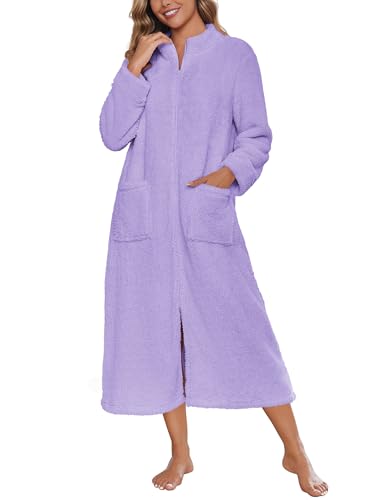 Image of Ekouaer Women Zipper Robe Fleece Long Sleeves Bathrobe Sleepwear Warm Soft Housecoat with Pockets Zip Up House Dresses