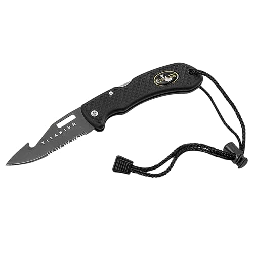 Saekodive Nami Folding Knife - Wrist Lanyard, Saltwater Resistant - Scuba Diving, Spearfishing, Fishing, Hunting, Camping Gear (Black/Titanium)