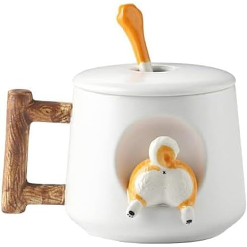 Kovwenzコーヒーマグ、かわいい耐熱カップ、ティーカップ、朝食用マグ、スタイリッシュ、蓋付き、漫画の柴犬スタイル、蓋とスプーン付きの家庭用マグ、カップルやガールフレンドに最適です。 (ホワイト)