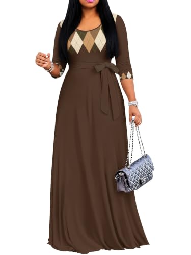 Image of PinkPatty Plus Size Maxi Dress for Women Casual V Neck 3 /4 Sleeve Boho Printed Long Dress with Pockets