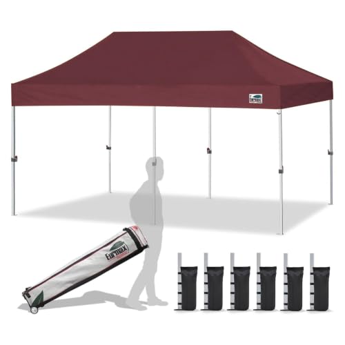 Eurmax USA 10x20ft Pop Up Canopy, Commercial Instant Tent for Outdoor Events, Patented No-Tip Rolling Storage Bag with 6 Sandbags,UV & Water Resistant,Heavy Duty Portable Shelter Gazebo,Maroon
