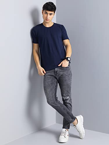 Image of PAUL STREET Men's Navy Pure Cotton Round Neck Solid Slim Fit T-Shirt