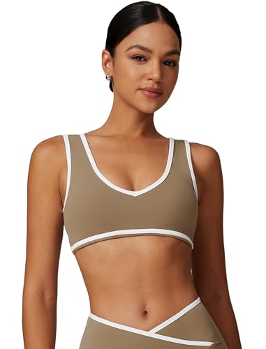 OMEWEE Women's Jogger Sports Bra V Neck Yoga Sports Bra with Removable Padded Cups, Contrasting Color Design Brown M