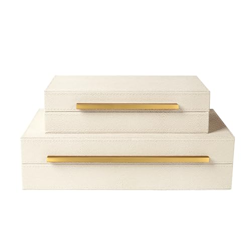 Image of Sagala Set of 2 Beige Shagreen Decorative Boxes With Gold Metal Handles, Faux Leather Jewelry Boxes Modern Storage Boxes Photo Boxes Memory Boxes Home Organizer (Beige-Gold Handle)