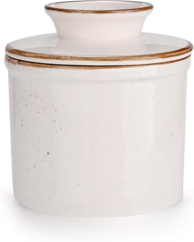 Jersinwei Französische Butterdose Wassergekühlt mit Wasserlinie Keramik Butterglocke für streichfähige Butter-White