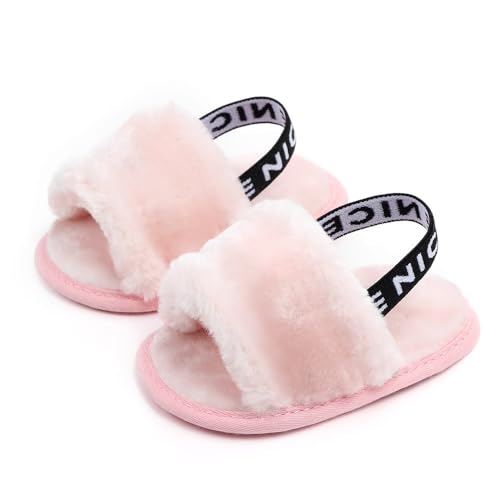 Baby Boys Girls Fluffy Fuzzy Slippers Open Toe House Home Slippers Slides With Strap Little Kids Slip-on Shoes4
