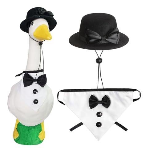 Kustimantu Vêtements de statue d'oies en plein air - Costume d'oie de porche - Grande taille 58,6 cm de hauteur - Gentleman Animal Figurines Chapeaux avec nœud