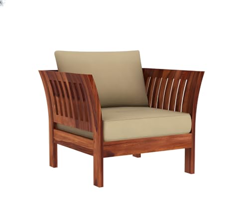 Image of Solid Sheesham Wood Single Seater Sofa with Cream Cushion | Wooden 1 Seater Sofa for Home Bedroom Living Room Hall and Office (Honey Finish)