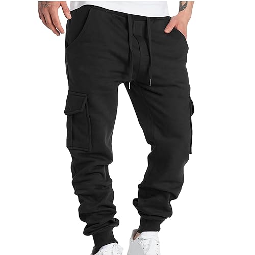 XUNRYAN Men's Casual Cargo Pants Hiking Pants Workout Joggers Sweatpants for Men High Waisted Outdoor Trousers with Pockets Black