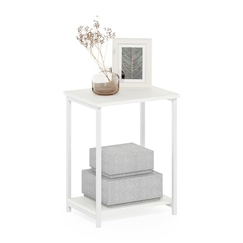 Image of Furinno Simplistic Side Table, 2-Tier Metal Frame Modern End Table with Open Shelf, Night Stand, Bedside Table, for Living Room, Bedroom, White