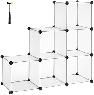SONGMICS 6-Cube Storage Plastic Organiser, Wardrobe Divider, Bookcase Shelf, Shoe Rack Cabinet Shelving Unit, for Clothes Clothing Kids Toys Closet, Mallet, 93 x 31 x 93 cm, White LPC111S