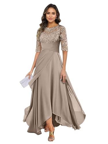 RYANTH Lace Appliques Chiffon Mother of The Groom Dresses for Seniors Half Sleeve Tea Length Taupe Formal Evening Party Dress Size 6