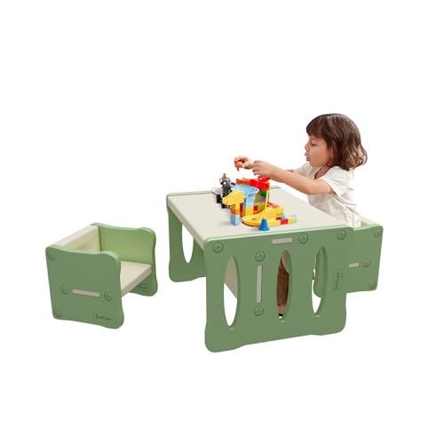 Image of BanaSuper Kid's Table and 2 Chairs Set Plastic Activity Table for Toddlers Children Desk Ideal for Arts & Crafts Snack Time Homeschooling Homework Gift for Boy & Girl(Green with 2 Chairs Set)