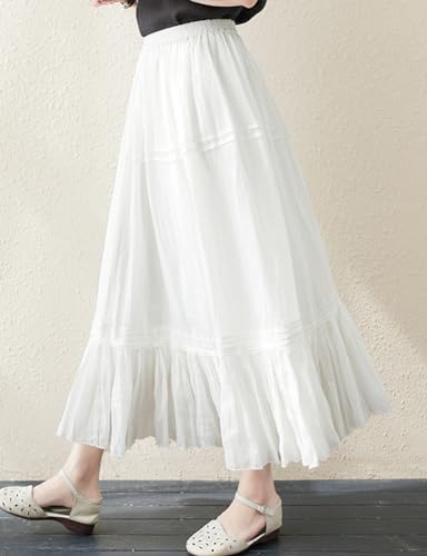 IDEALSANXUN White Linen Skirts for Women 2024 Summer Tiered Flowy A Line Elastic High Waisted Skirt with Lining4