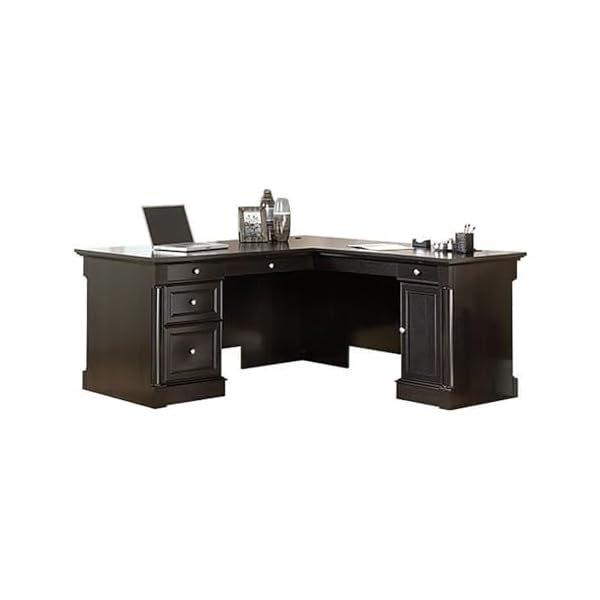 Bowery hill l shape home office executive desk with large drawers letter size hanging file drawer and cpu tower in wind oak finish  urban country home decor