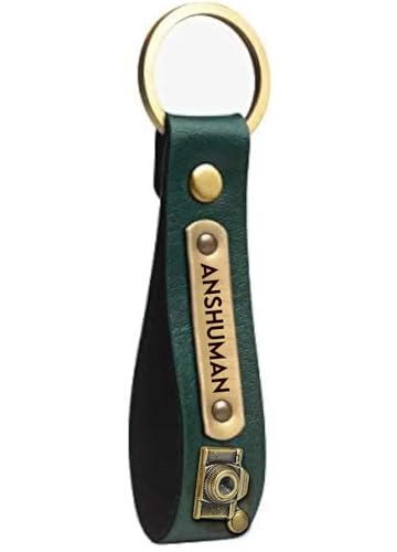 Image of Men's Leather Keychain Name Leather Keychains for Mens | Personalized Keychains with Printed Customized Keychain for Men | Customised Gift Set for Men with Name & Charm, Green