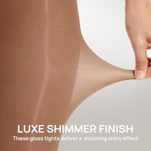Image of MANZI Women's Shiny Pantyhose Sheer Shimmer Tights High Waist Oil Shimmery Ultra Silky Nylons Pantyhose
