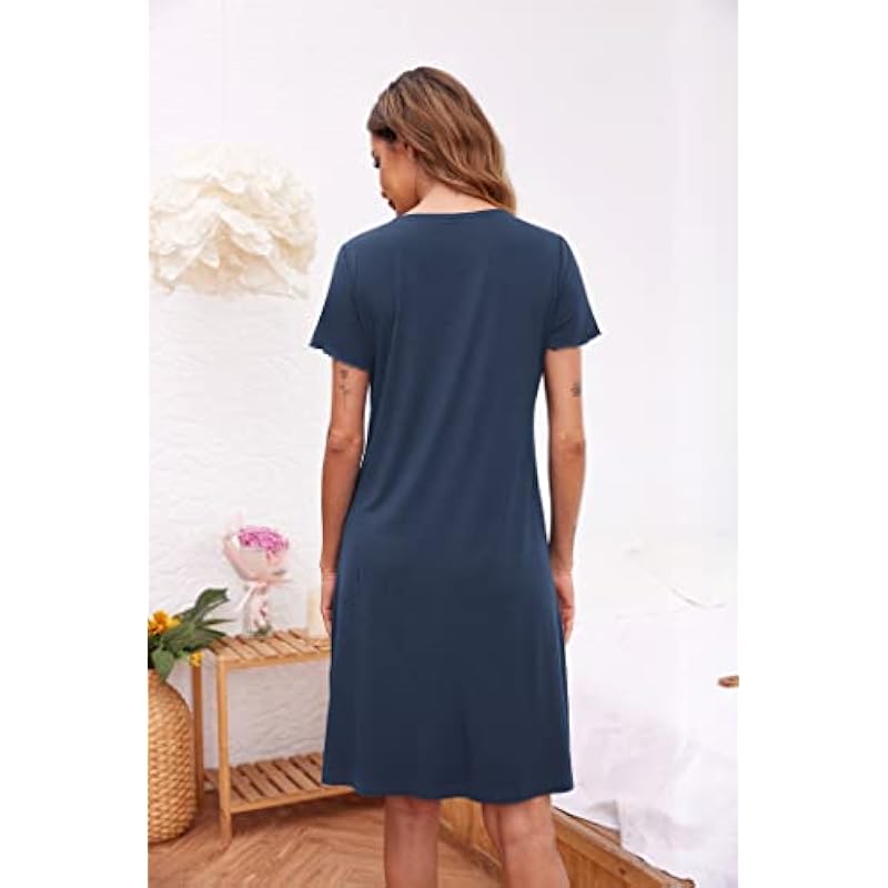 Ekouaer Womens Nightshirt Short Sleeve Button Down Nightgown V-Neck Sleepwear Pajama Dress 상세이미지 5