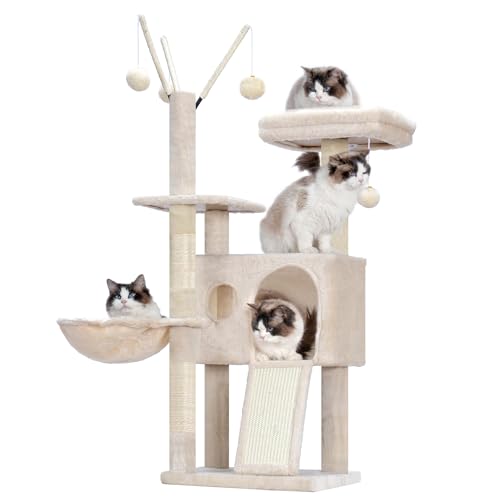 Hey-brother Cat Tree Tower, Scratching Posts with Removable Toys, Cozy Condo, Platform, Hammock, Sisal Scratch Board and Ball for Indoor Kittens, 41.3 Inches, Beige MPJ008SM