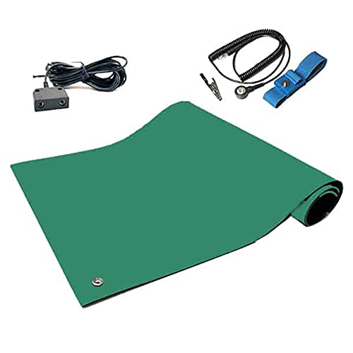 Image of RubberStat Dual Layer ESD Compliant Workstation Rubber Table Mat Kit, Soldering, Cell Phone Repair, with Wrist Strap Set and Ground Cord - 30 inchx72 inch Green