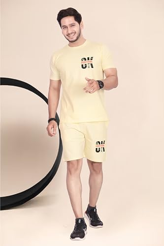 Image of HOODMASTER Men's Cotton Night Suit Set of Top & Knee Length Shorts with Round Neck Half Sleeves Solid Pattern Regular Fit and Standard Length | Mens Cotton Night Suit | T-Shirt and Shorts Sets
