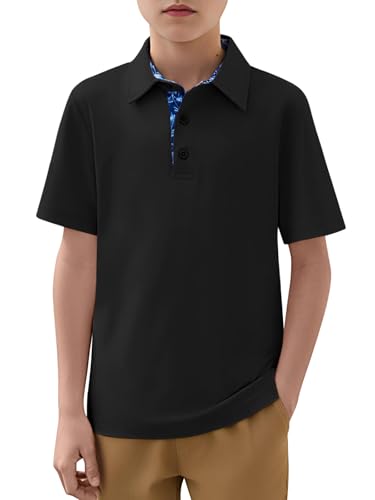 Haloumoning Boys Short Sleeve Polo Shirts Kids Athletic Performance Golf Polo School Uniform Collared Shirt 5-14Y Black