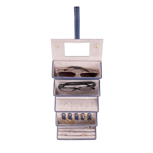 Image of Brouk & Co Leah 5 Eyewear & Jewelry Case - Pebbled Vegan Leather, Foldable Case, Snap Closure, Hanging Loop, Interior Mirror, 5 Compartments: Sunglasses and Jewelry (Navy)
