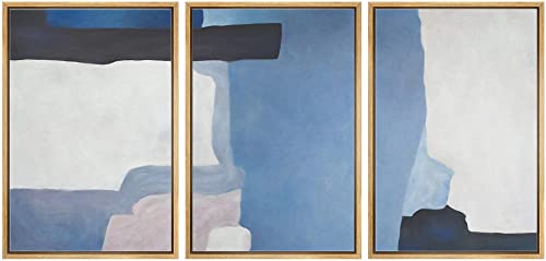 Framed Wall Art Print Set – Abstract Blue Watercolor Shapes Pastel Minimalist 24x36x3 Natural