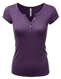 LALABEE Women's Deep V-Neck Short Sleeve Basic Henley Button T-Shirt for Women-DKPURPLE-M