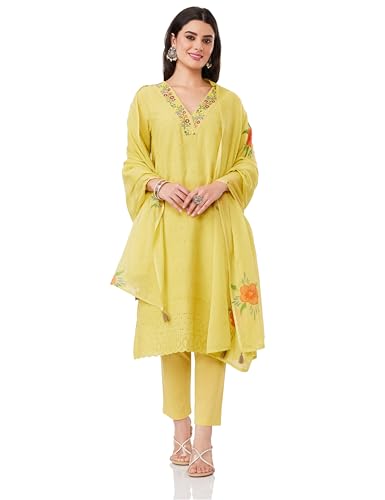 Image of Amazon Brand - Myx Women Embroidered Cotton Kurta Pant Set with Dupatta (Available in Plus Sizes)