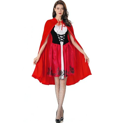 Jinfanshurich Costume de petit chaperon rouge pour femme - Costume de carnaval d'Halloween - Adulte - Chaperon rouge avec cape rouge - Bas noirs - Pour fille - Cosplay...