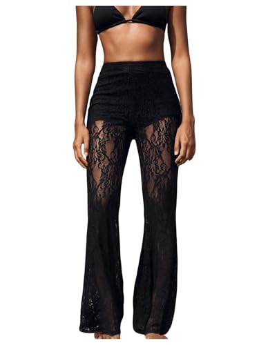 Women's Floral Lace Sheer Mesh Flare Pants Elastic High Waisted Long Trousers