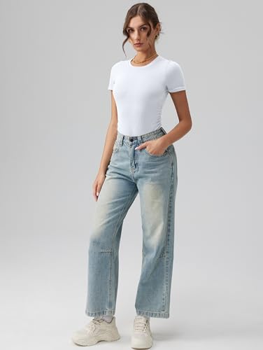 Image of OQQ Women's Crew Neck Short Sleeve Bodysuit Ruched Stretch Vacation Basic for Tops Spring & Summer