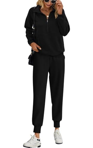 PRETTYGARDEN Long Sleeve Half Zip Sweatsuits Women 2 Piece Outfit Fall 2025 Casual Sweatshirt Sweatpants Lounge Set Tracksuit (Black, X-Large)