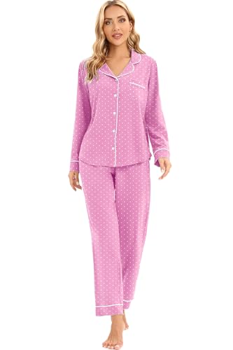 Image of LUBOT 100% Cotton Pajamas for Women Pajama Set Soft 2 Piece Sleepwear PJ Set Long Sleeve Knit Button Cozy Loungewear XS-XXL