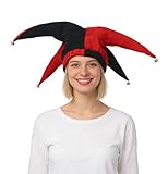 ANDHOM Sombrero de bufón de payaso, accesorio de disfraz con campanas para Halloween, Navidad, carnaval, Mardi Gras, cosplay (rojo y negro)