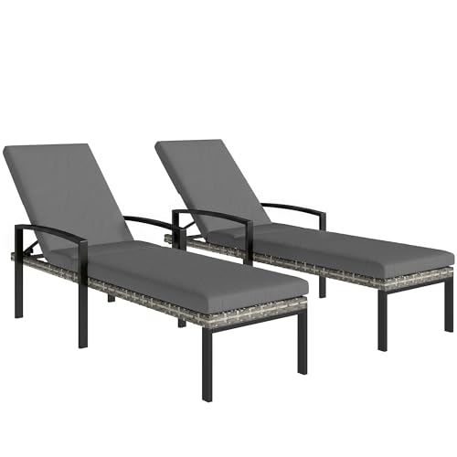 Outsunny 2er Set Sonnenliege Polyrattan Gartenliege mit 5-Fach verstellbar Rückenlehne abnehmbar Auflage wetterfest Outdoor Liegestuhl bis 120kg Gartenmöbel Relaxliege für Garten Pool Strand Hellgrau