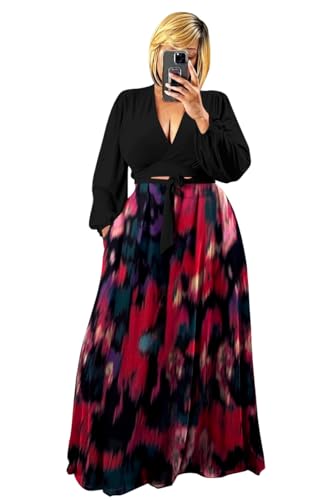 Image of Plus Size Women's 2 Piece Outfits Casual Long Sleeve Wrap Crop Top Maxi Long Dress Flowy Matching Sets