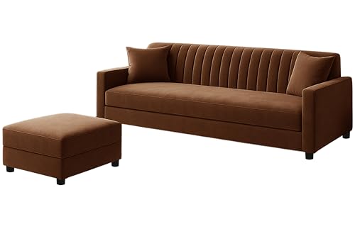 Image of Los Angeles Modern 3-Seater Wooden Sofa Set with Ottoman, Soft Velvet Upholstery, Comfortable Couch for Living Room, Office & Apartment - Brown Color