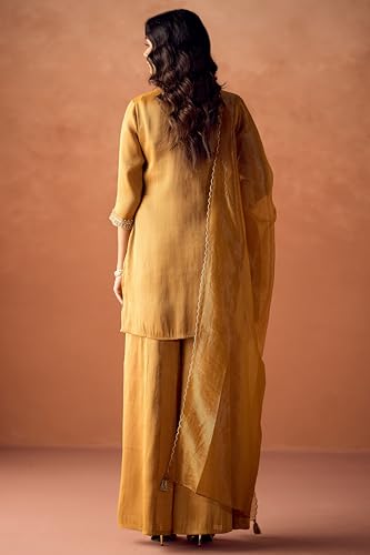 Image of FIORRA Women Mustard Tissue Blend Hand Embroidered Kurta Set with Dupatta