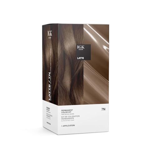 IGK Permanent Hair Color Kit | 7 N Latte - Dark Natural Blonde | 100% Gray Color Coverage + Strengthen + Shine | Ammonia Free