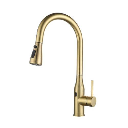 XJTNLB Grifo Dorado Cepillado Cocina con Sensor Grifos de Cocina Fregadero Extraible Monomando 2 Tipos de Chorro