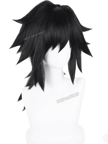 Image of Half and Half Giyuu Cosplay Wig Long Black Low Ponytail Anime Wig with Bangs Giyuu Tomioka Costume Wigs Black Warrior Acrylic Fiber Hair Wig for Women Men Halloween Party