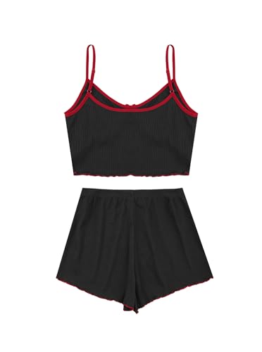 Image of Hilinker Womens Graphic Print Ribbed PJ Set Crop Cami Tops and Shorts Cute Pajamas Set